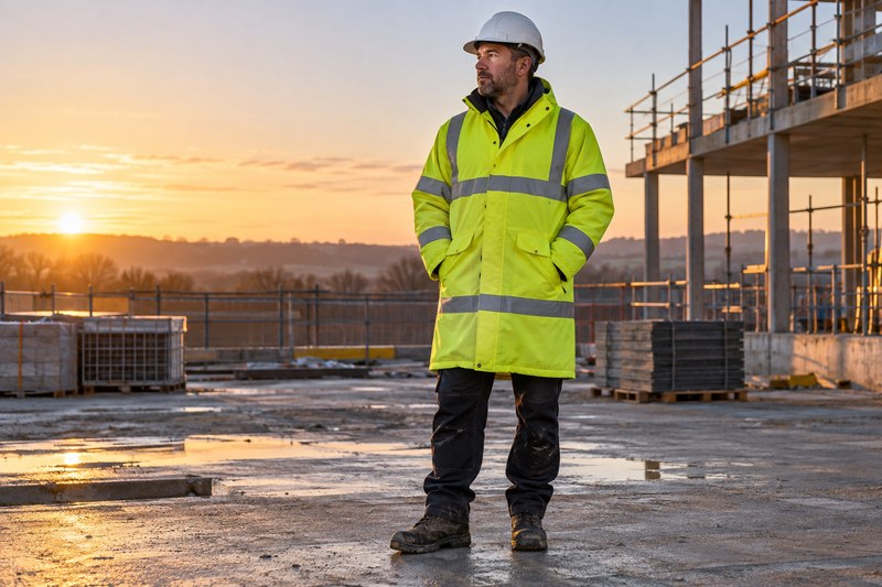 Hi vis coats illustrated by a site supervisor wearing a yellow reflective coat