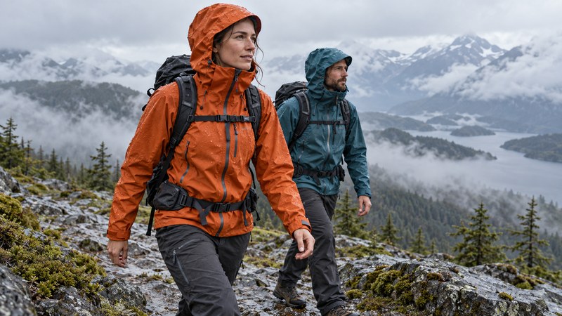 Outdoor Wear Suppliers illustrated by hikers in orange and teal rain shells